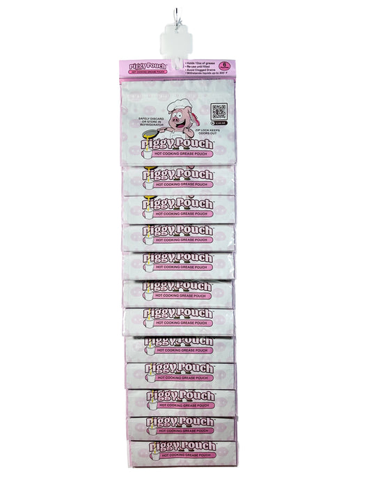 A 12 pack of the Piggy Pouches Grease Storage Bags attached to a plastic clip strip with a metal hook for hanging