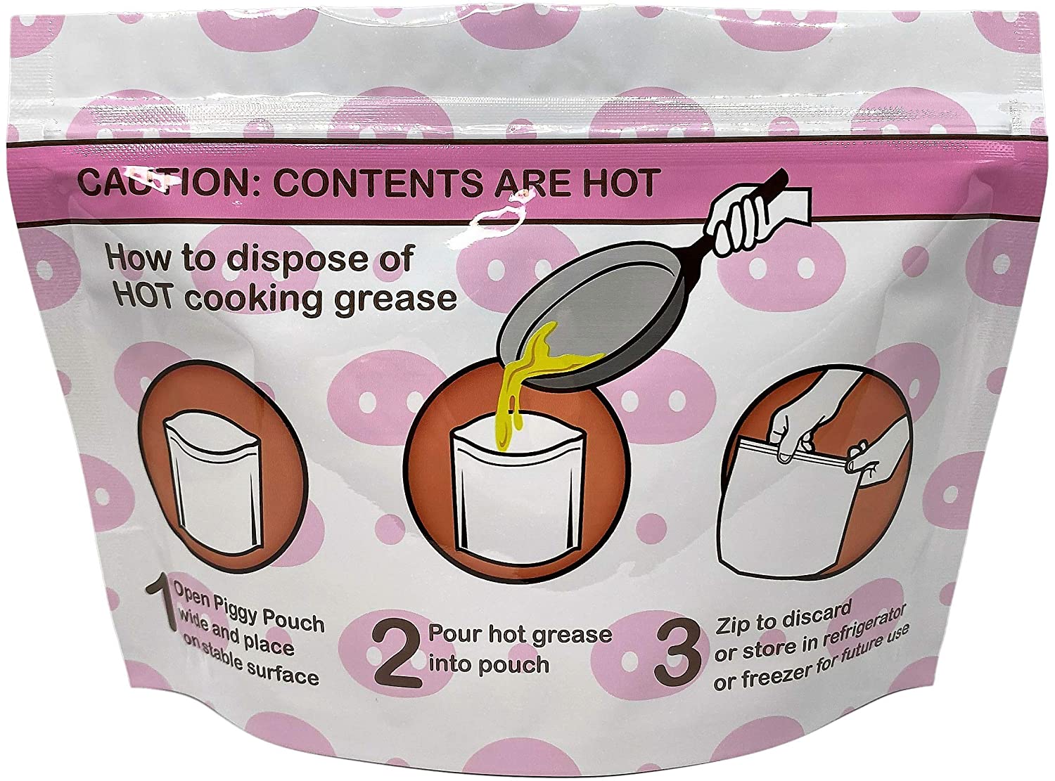 Product image of the back side of a single Piggy Pouch 12oz grease container showcasing the easy three step process of using a piggy pouch bacon grease container