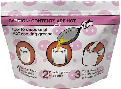 Product image of the back side of a single Piggy Pouch 12oz grease container showcasing the easy three step process of using a piggy pouch bacon grease container