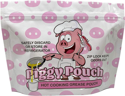 Product image of the front side of a single Piggy Pouch 12oz grease container showcasing the logo of a pig pouring grease into a piggy pouch