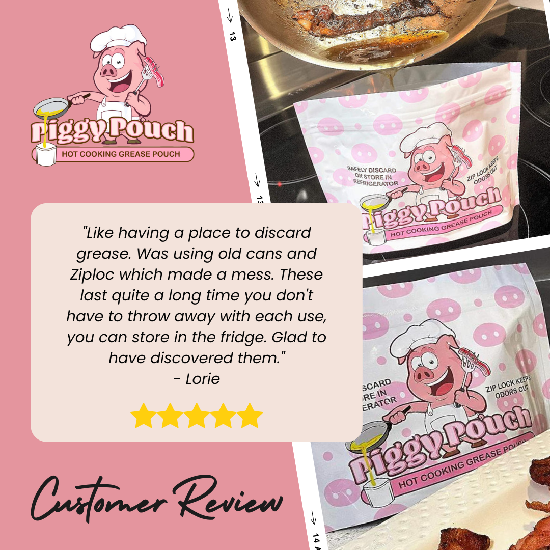 A customer review explaining why they like the Piggy Pouch Grease Storage bag and how easy and convenient they are