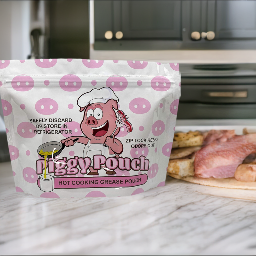 Piggy Pouch Grease Storage Bag Hot Cooking Grease Pouch sitting on a marble kitchen counter next to a plate of cooked meats