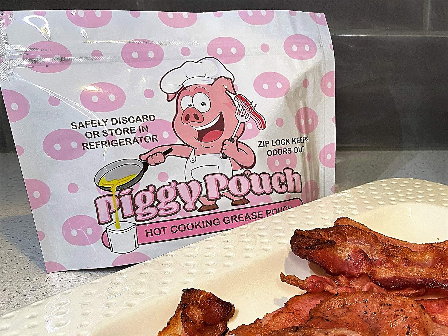 The front of a piggy pouch sealed with ready to eat bacon sitting on a plate next to it