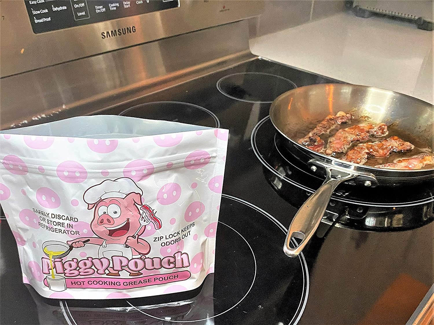 shows a the front of an open piggy pouch bacon grease container on a stove sitting next to a pan of cooked bacon 